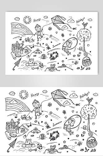 风筝黑色可爱卡通儿童插画矢量素材