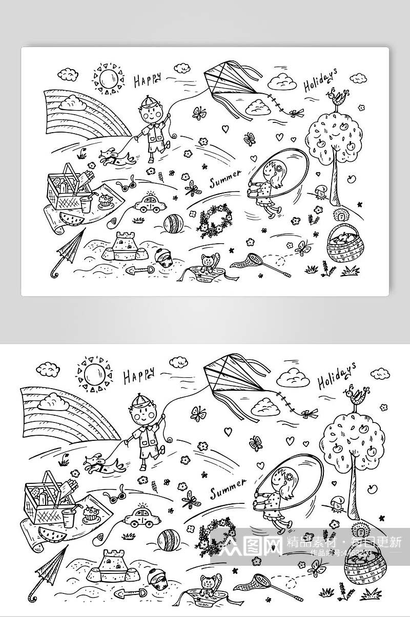 风筝黑色可爱卡通儿童插画矢量素材素材