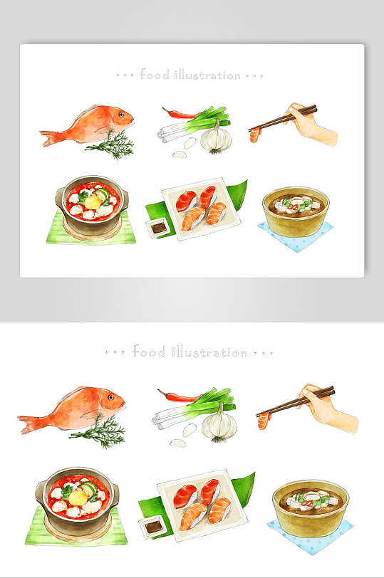 小鱼筷子简约手绘美食小吃插画素材