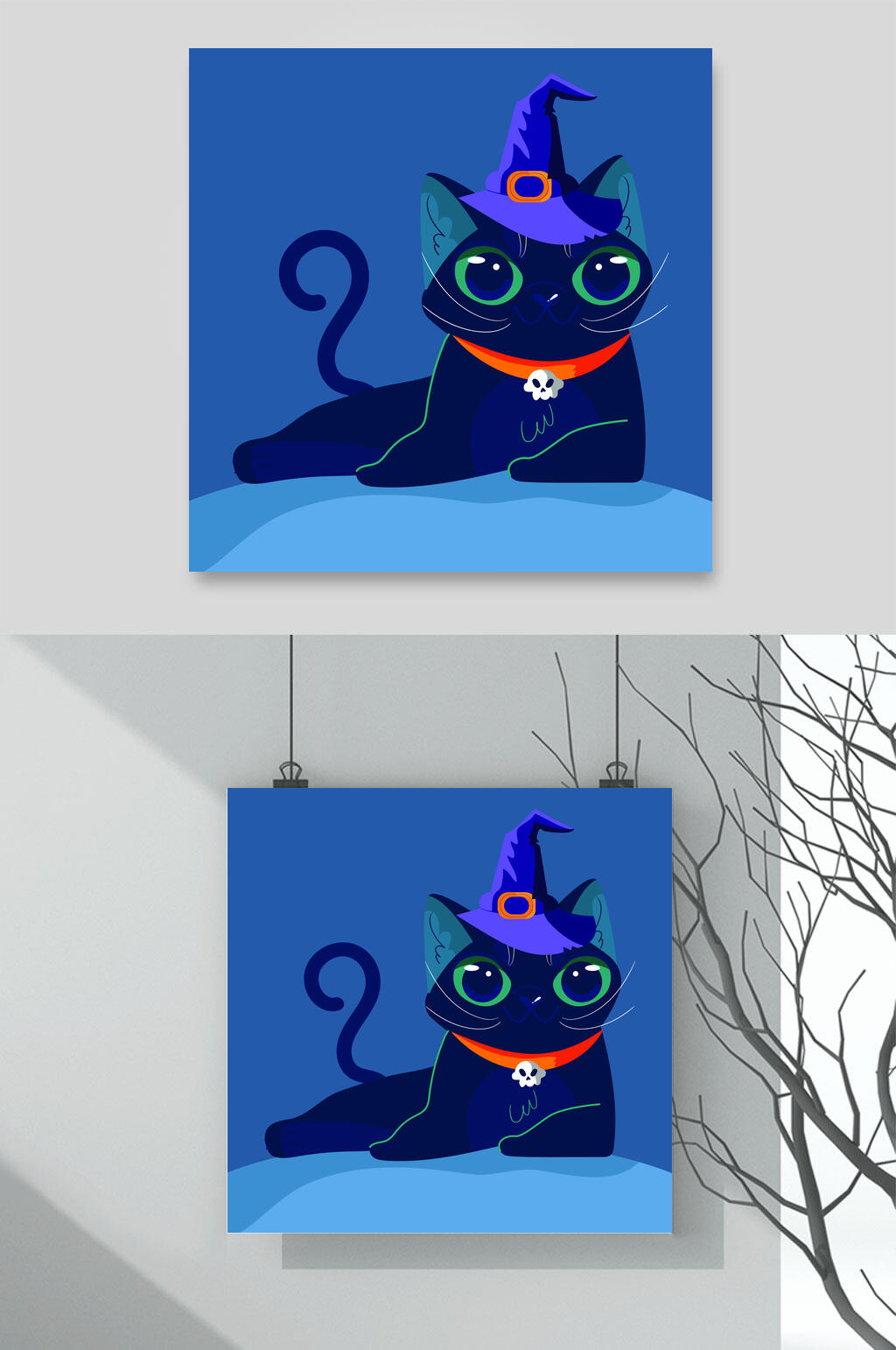 帽子猫咪蓝矢量万圣节猫咪插画素材素材