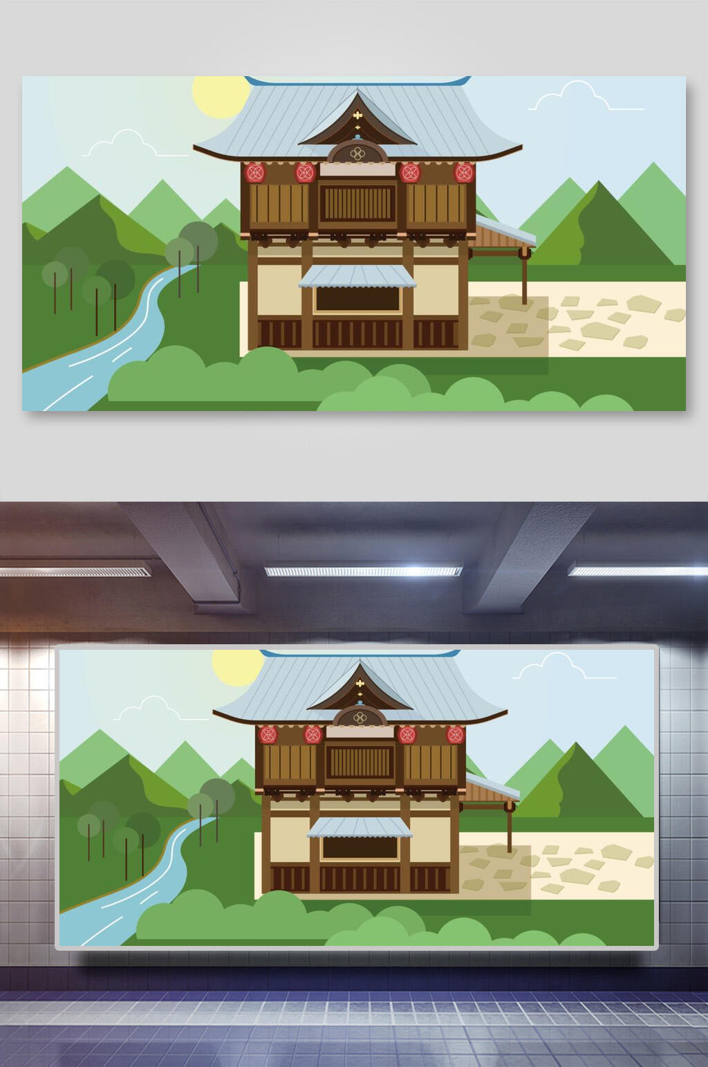绿色简约古风建筑矢量插画素材