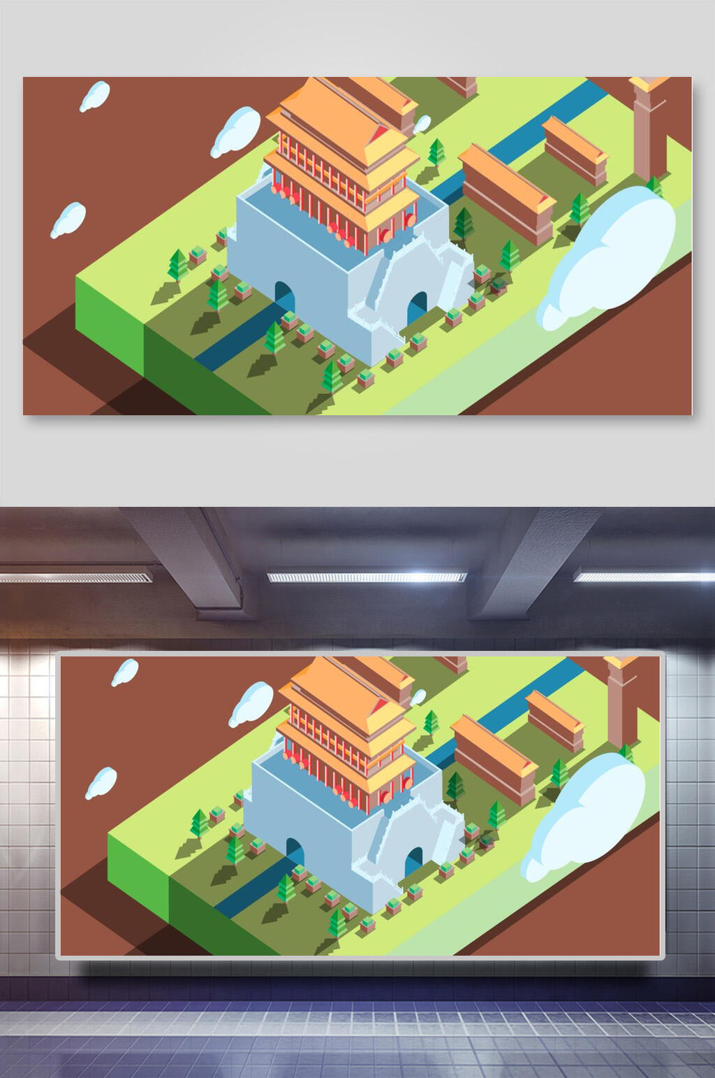 精美立体古风建筑矢量插画素材