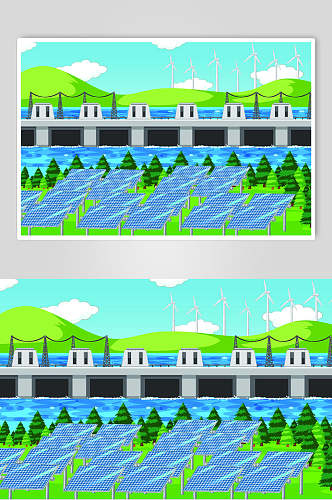 河流绿蓝手绘发电站太阳能矢量素材