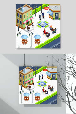 房子蓝绿咖啡厅场景等距插画矢量素材