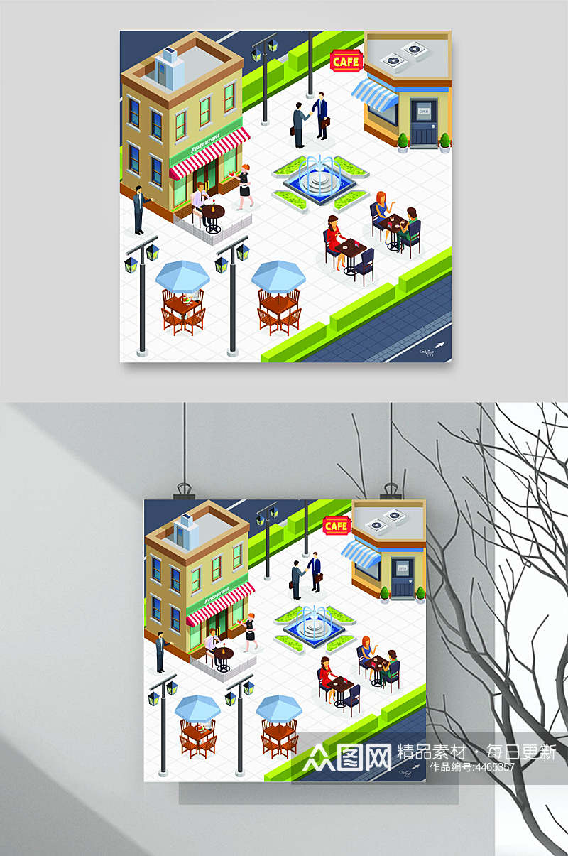 房子蓝绿咖啡厅场景等距插画矢量素材素材