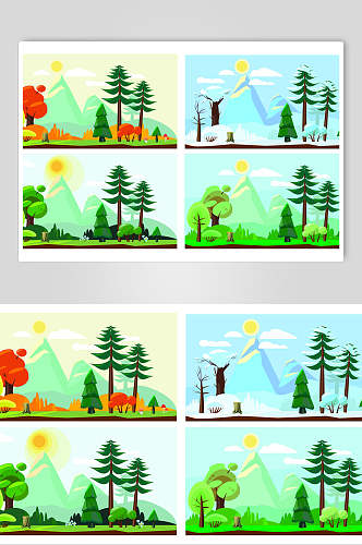 树木蓝绿太阳四季变化插画矢量素材