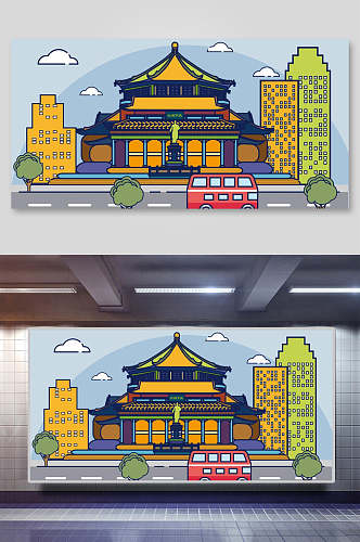 城市天空古风建筑矢量插画