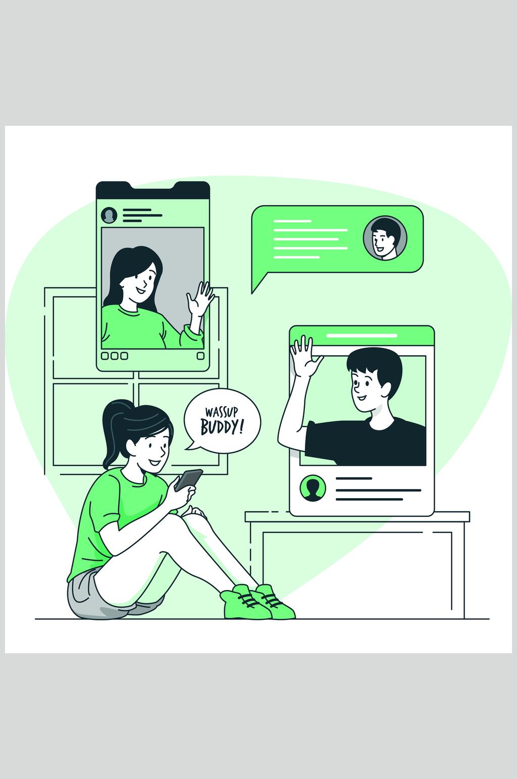 手机线条清新素雅绿色生活矢量素材素材