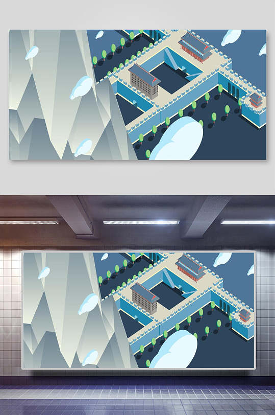 大氣云朵古風(fēng)建筑矢量插畫