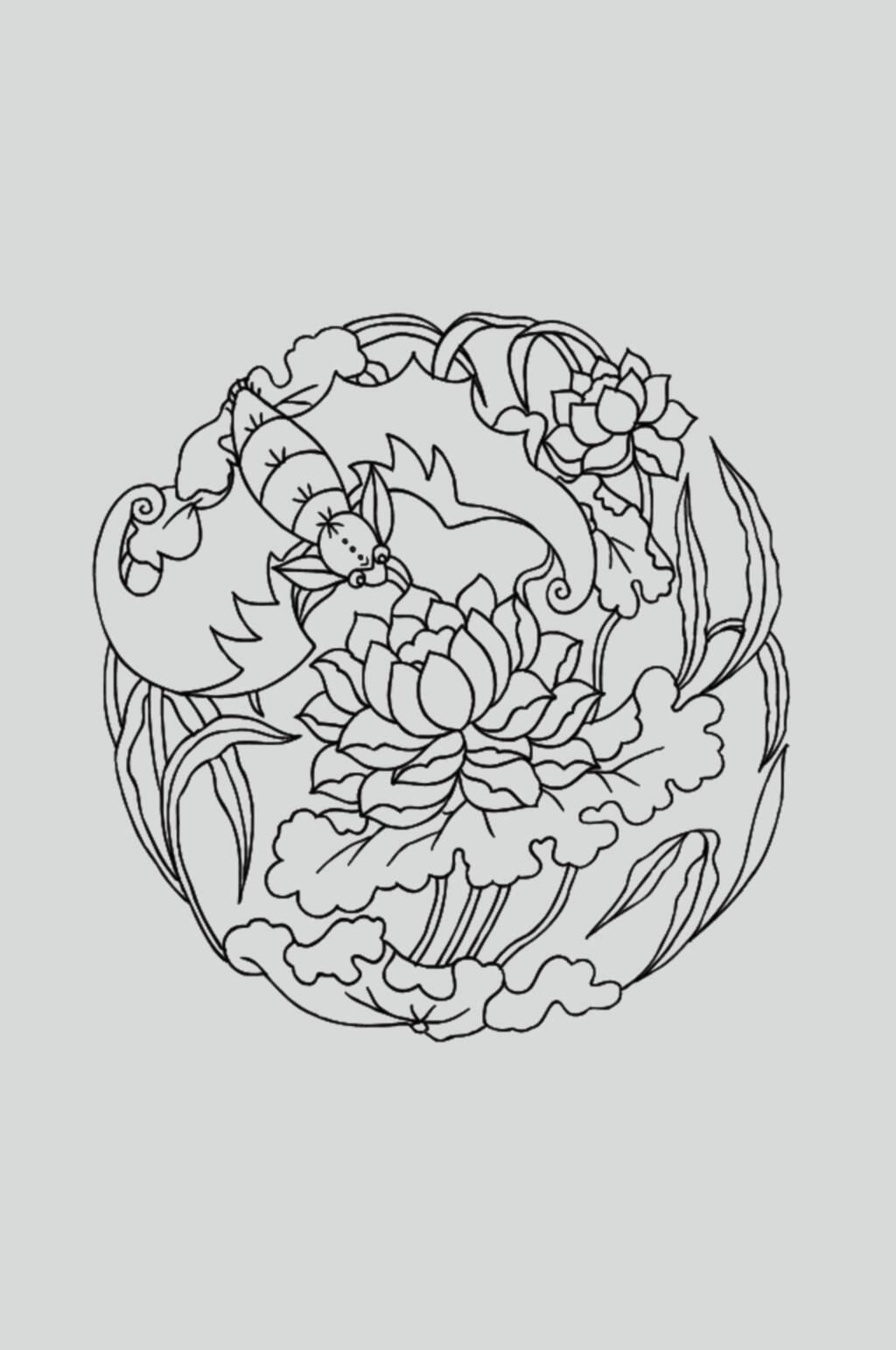 花朵叶子黑色古典线描纹样矢量素材素材