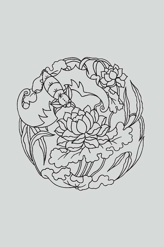 花朵叶子黑色古典线描纹样矢量素材