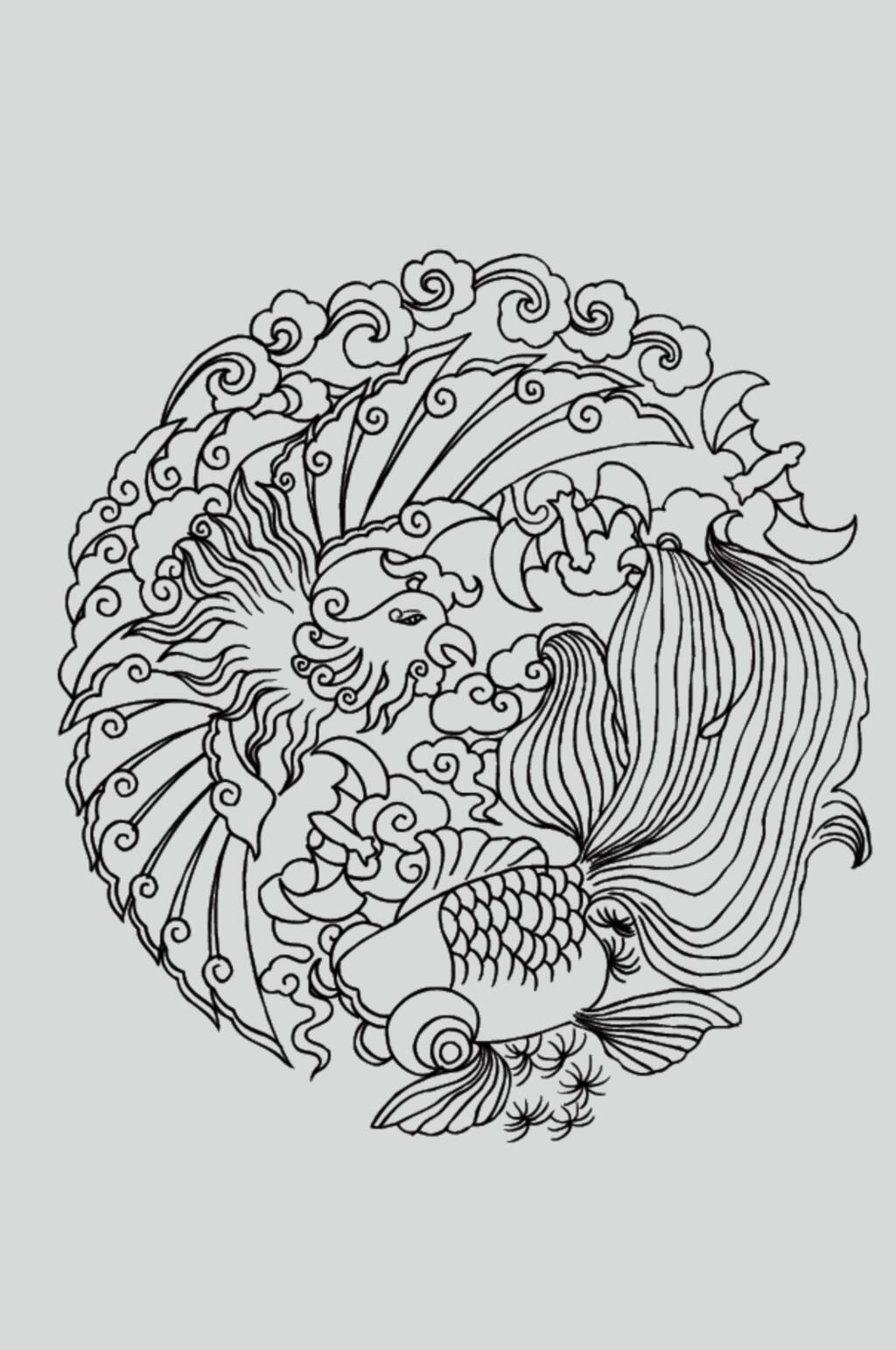 小鸟黑色锦鲤古典线描纹样矢量素材素材