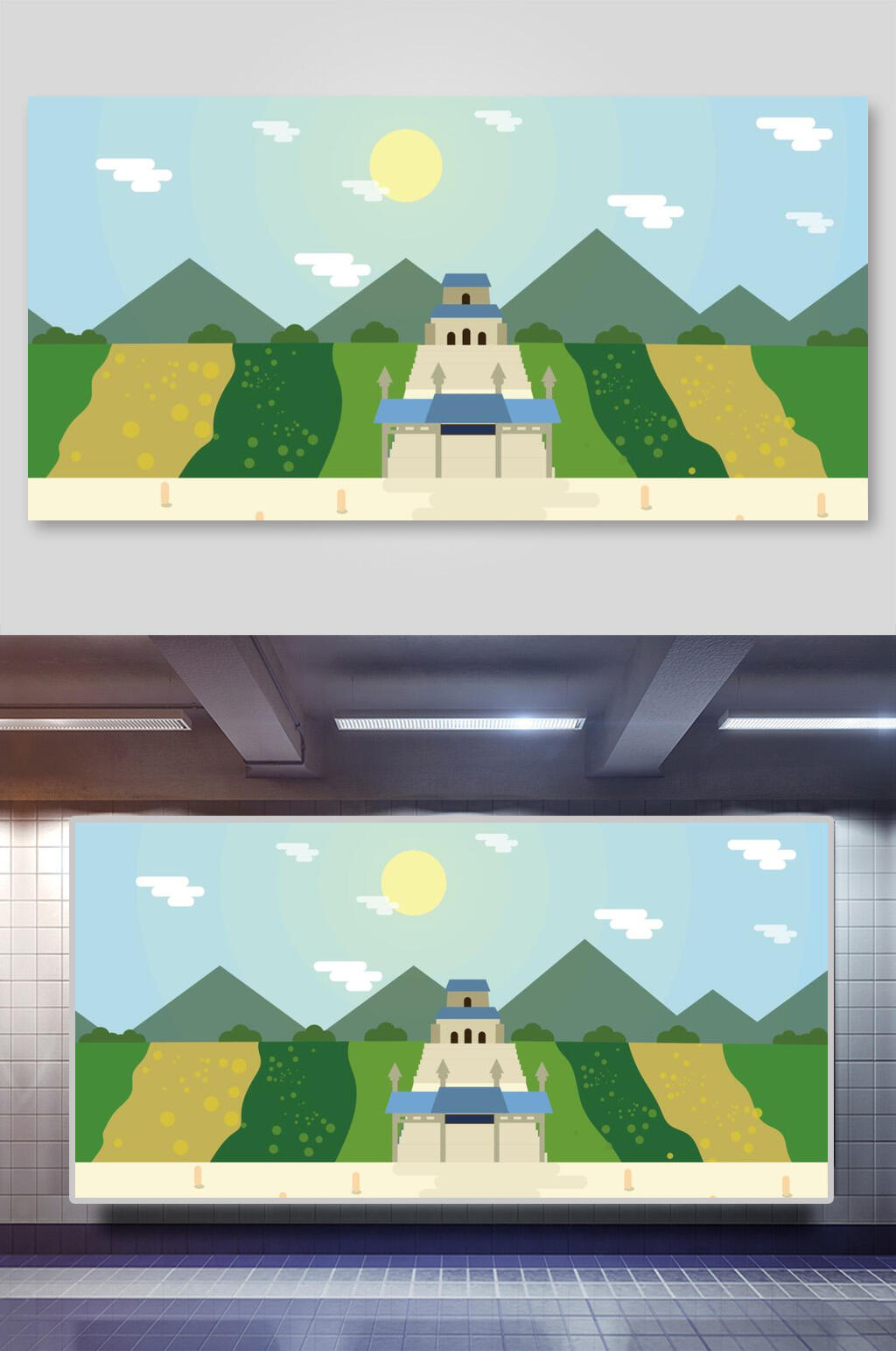 绿色古风建筑矢量插画素材
