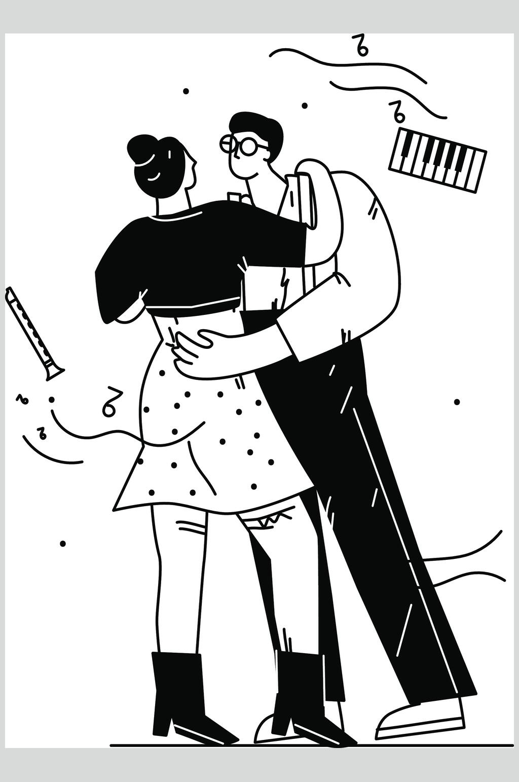 拥抱手绘黑白简洁人物插画矢量素材素材