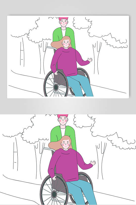 树木线条手绘清新残疾人矢量素材