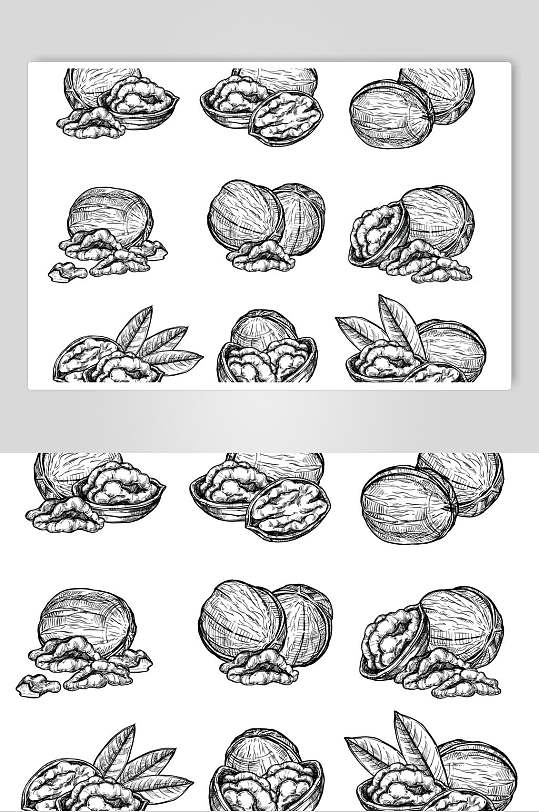 核桃打开叶子黑色手绘坚果矢量素材