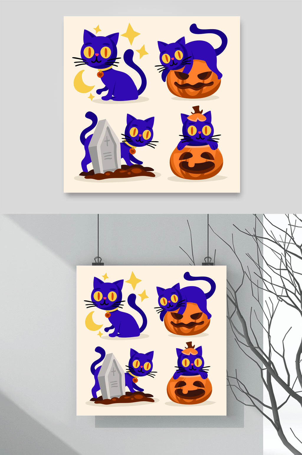 月亮南瓜灯猫咪1矢量万圣节猫咪插画素材素材