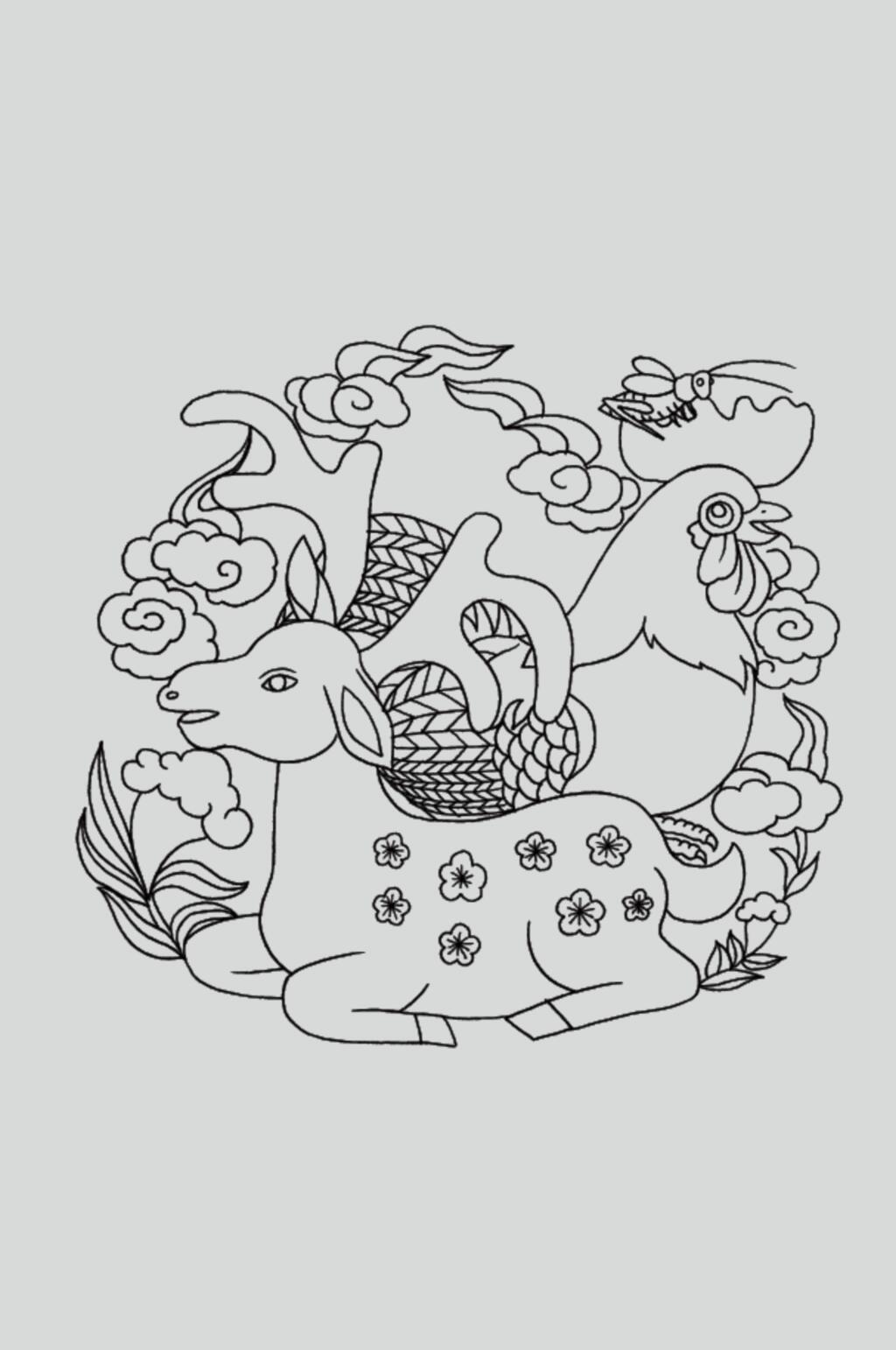 麋鹿祥云黑色古典线描纹样矢量素材素材
