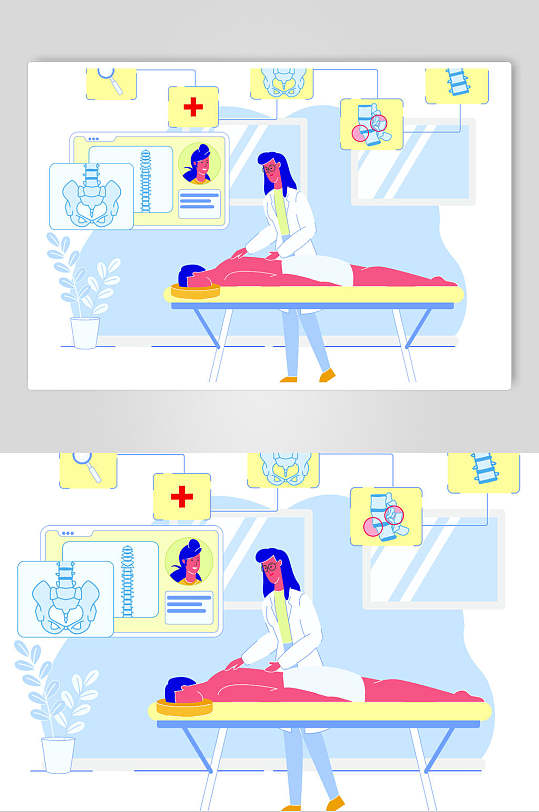病床蓝红黄色植物卡通人物矢量素材