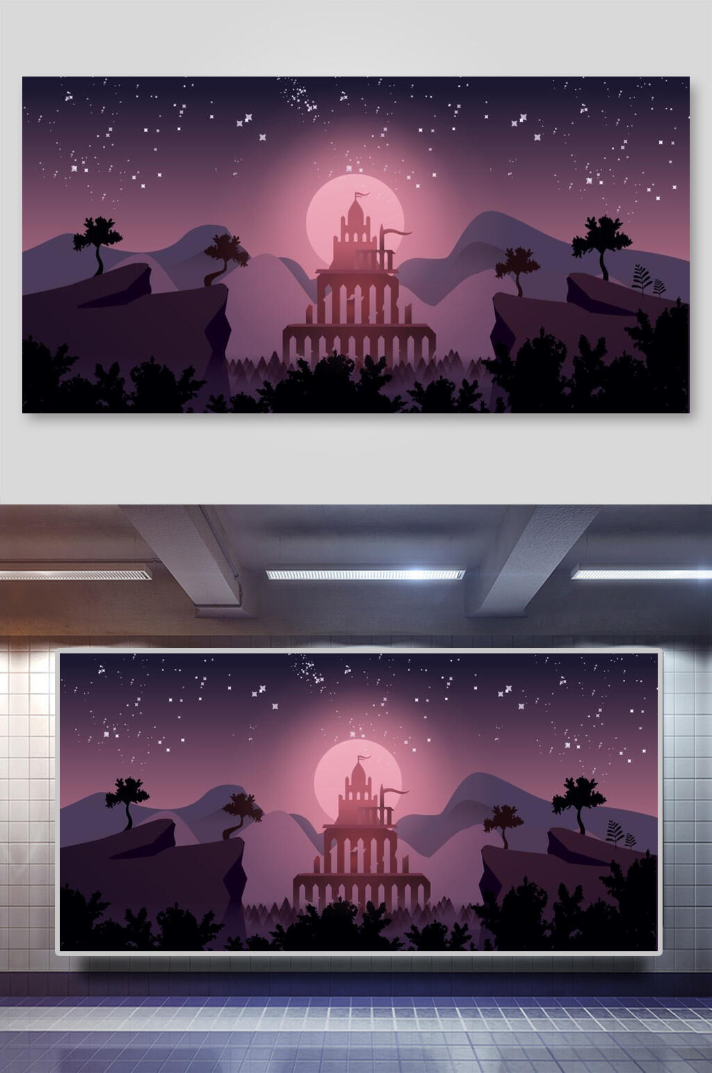 创意夜晚古风建筑矢量插画素材