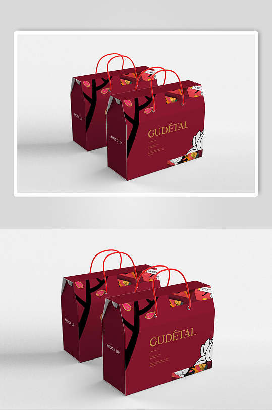 红色手绘手提包装礼盒样机