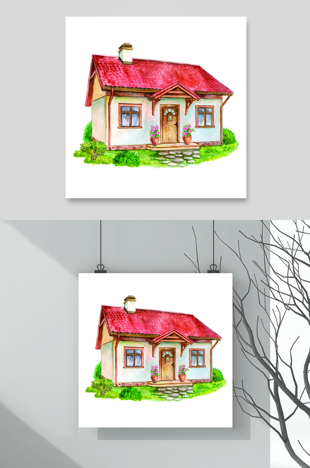 房子红房顶乡村农场风景矢量插画素材素材