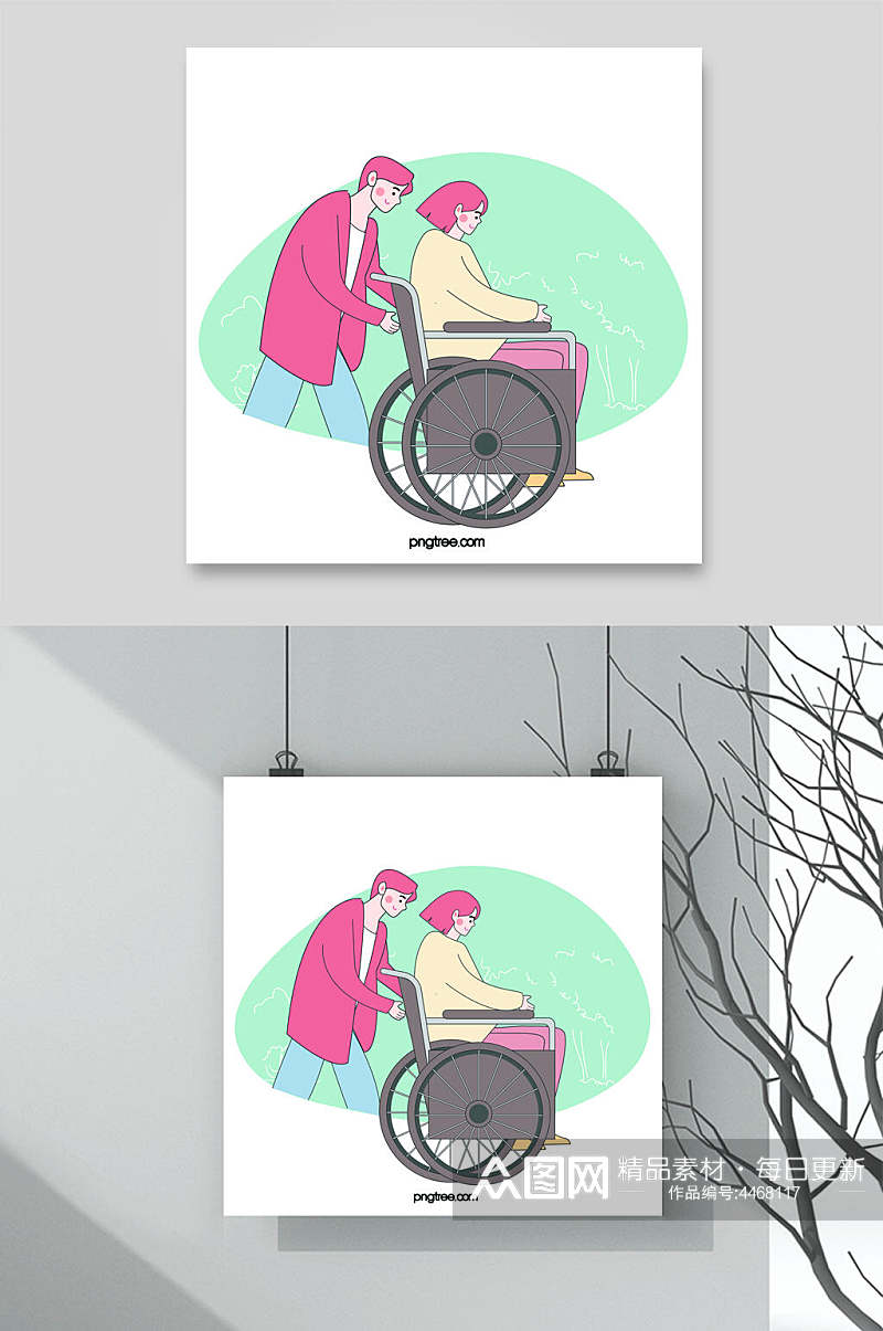 轮椅红绿手绘清新残疾人矢量素材素材