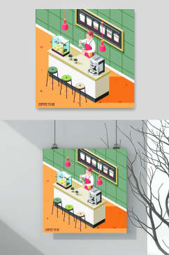 绿黄椅子咖啡厅场景等距插画矢量素材