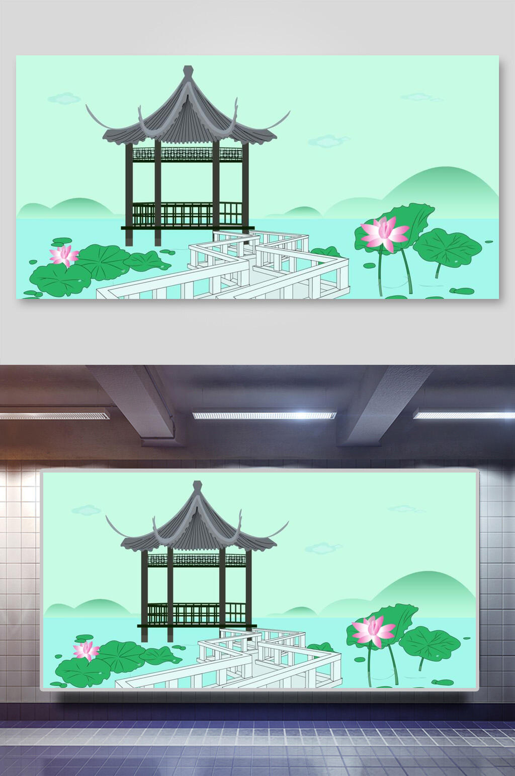 西湖美景古风建筑矢量插画素材
