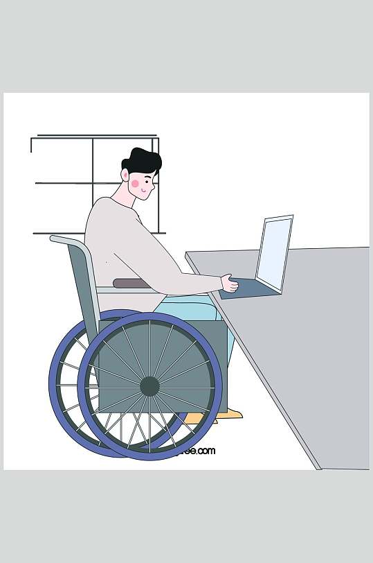 轮椅电脑蓝灰手绘残疾人矢量素材