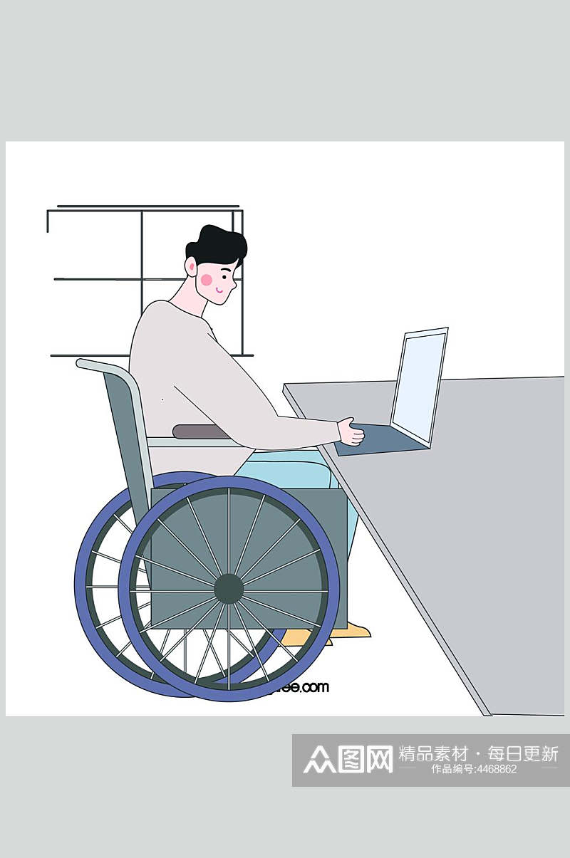 轮椅电脑蓝灰手绘残疾人矢量素材素材