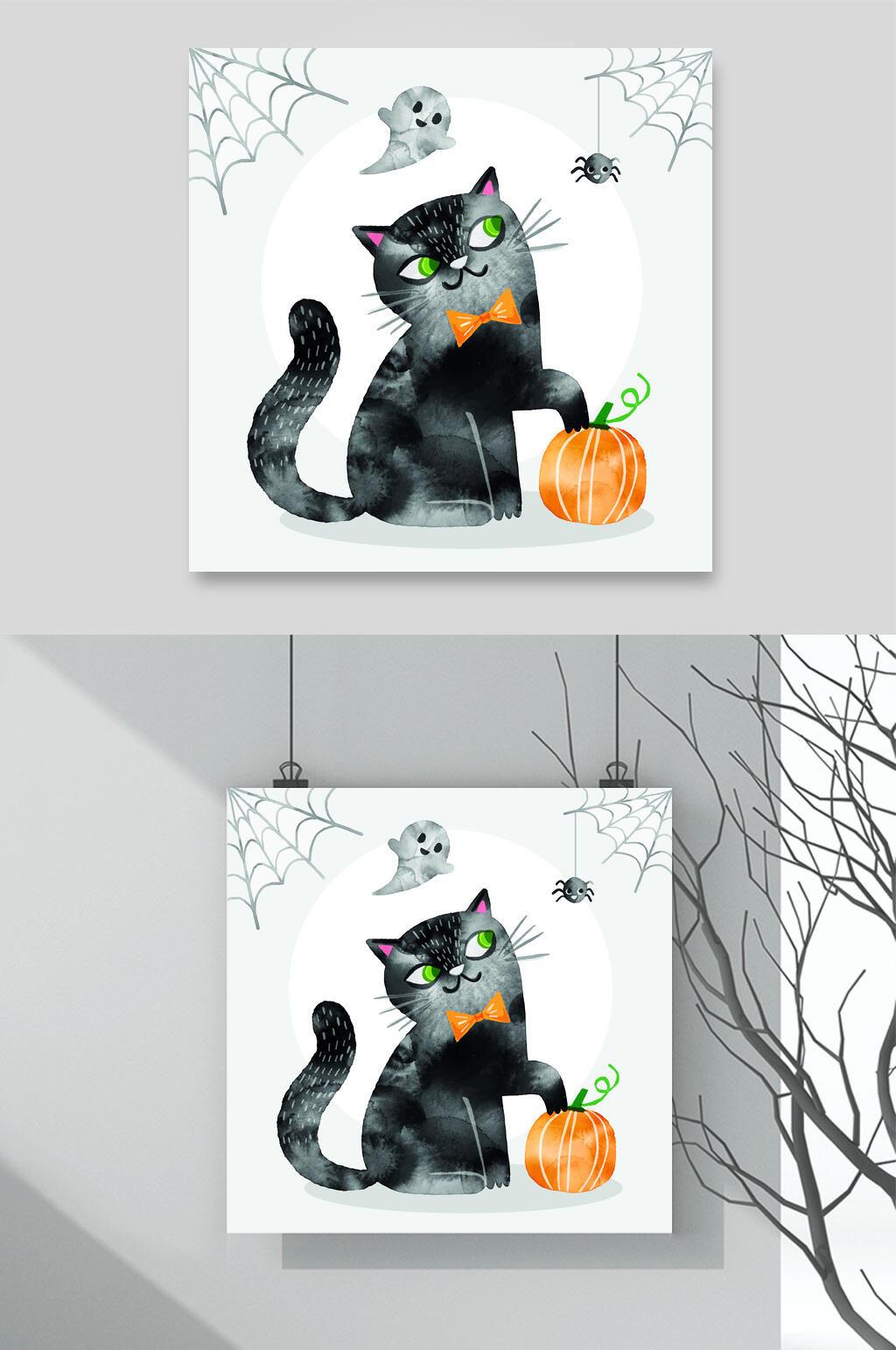 蜘蛛网矢量万圣节猫咪插画素材素材