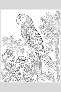 鹦鹉花朵魔法森林动物线稿矢量素材