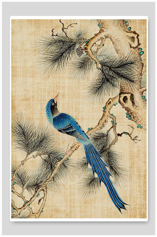 小鸟树木黄色简约中国风工笔画背景