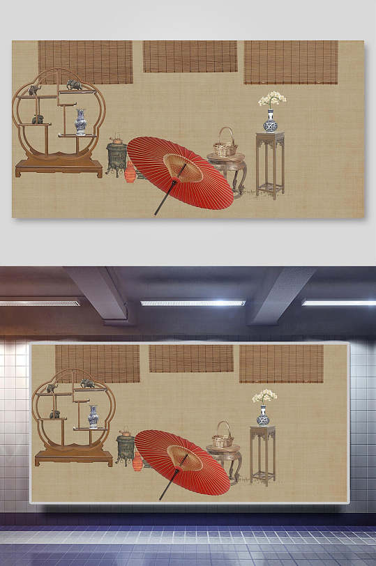 雨伞窗户杯子简约中国风工笔画背景