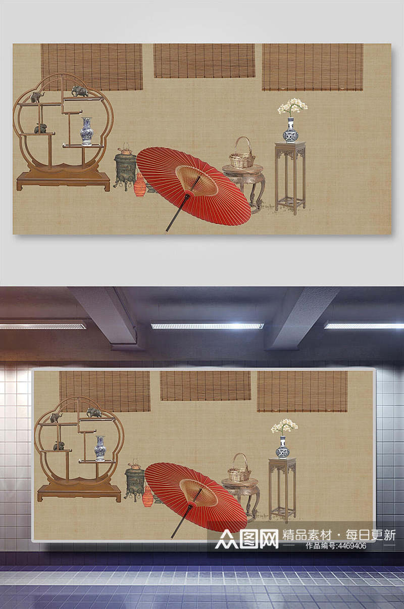 雨伞窗户杯子简约中国风工笔画背景素材