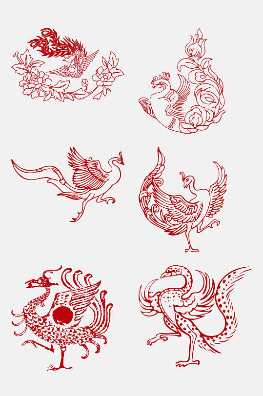 简约花朵线条剪纸凤凰图案免抠素材