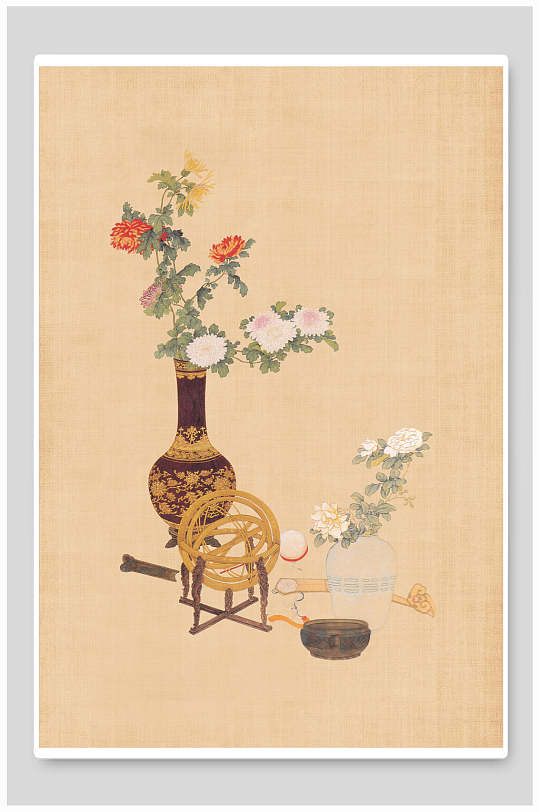 花朵瓶子黄色简约中国风工笔画背景