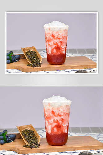 红色奶油奶茶芋圆甜品摄影图