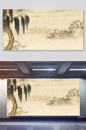 树枝黄色时尚清新中国风工笔画背景