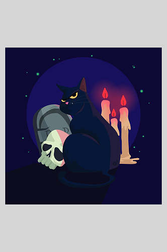 骷髅头黑猫矢量猫咪万圣节插画
