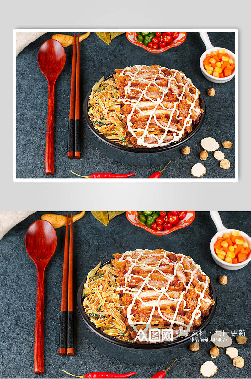 沙拉脆皮鸡肉饭摄影图片素材