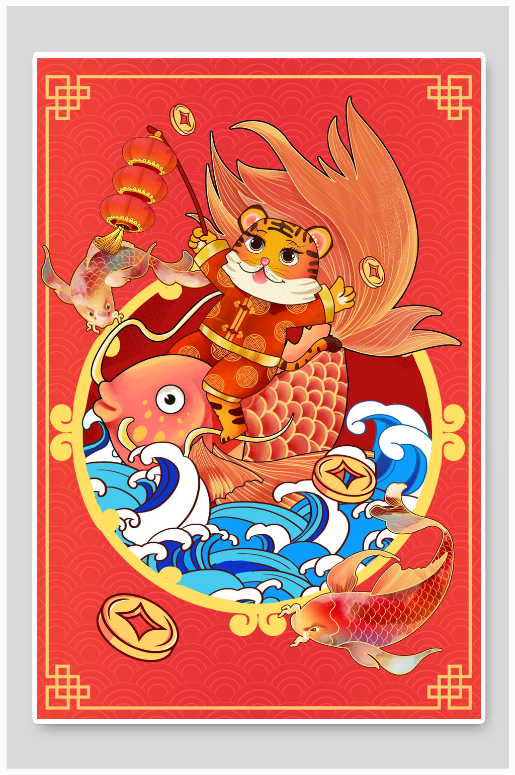 红色中国风虎年竖版插画素材