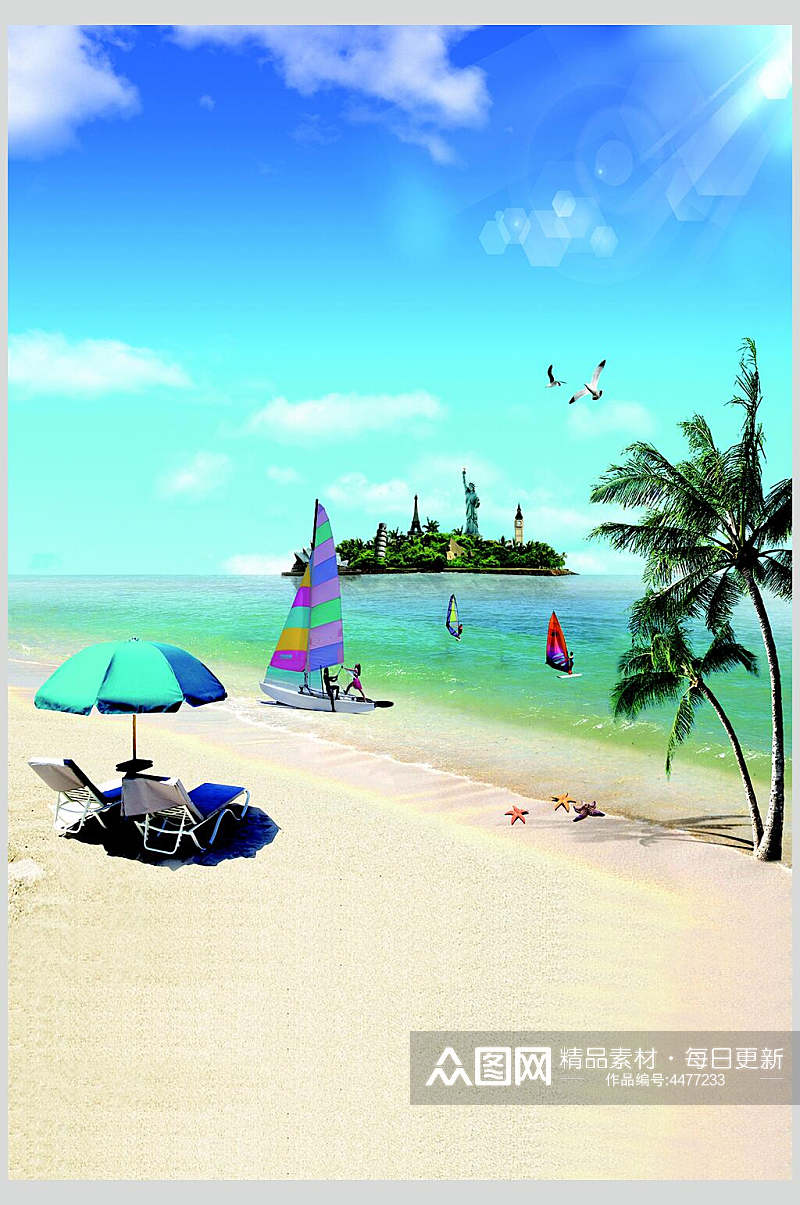 沙滩椰子树卡通田园背景图片素材