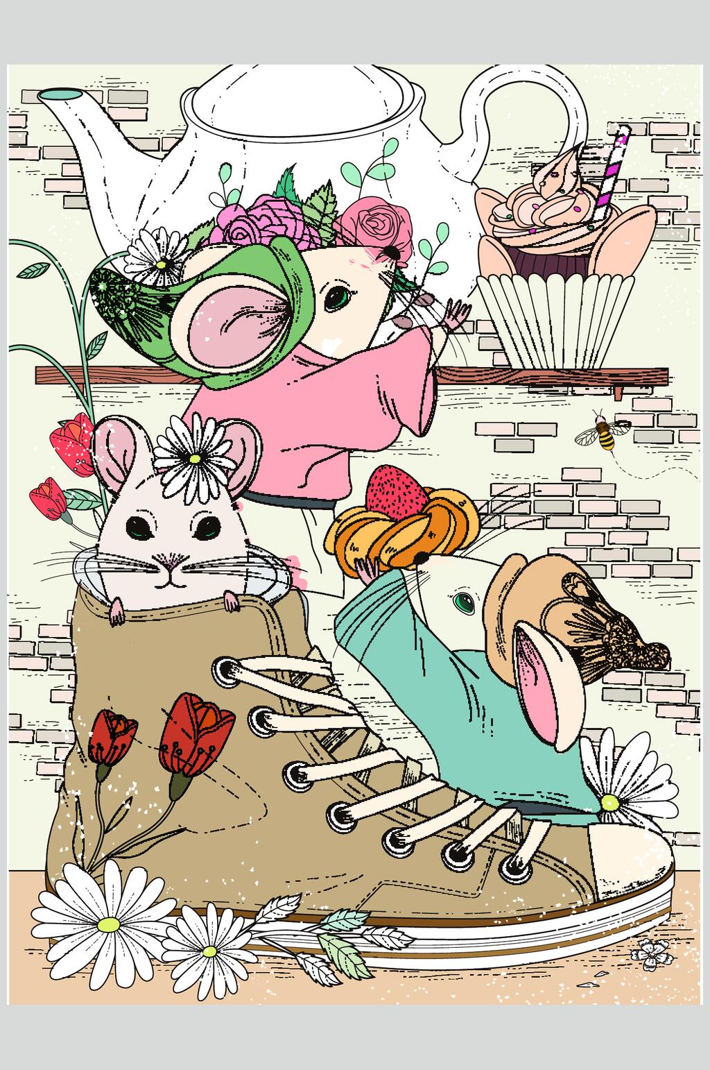 鞋子黄色杯子手绘温馨插画矢量素材素材