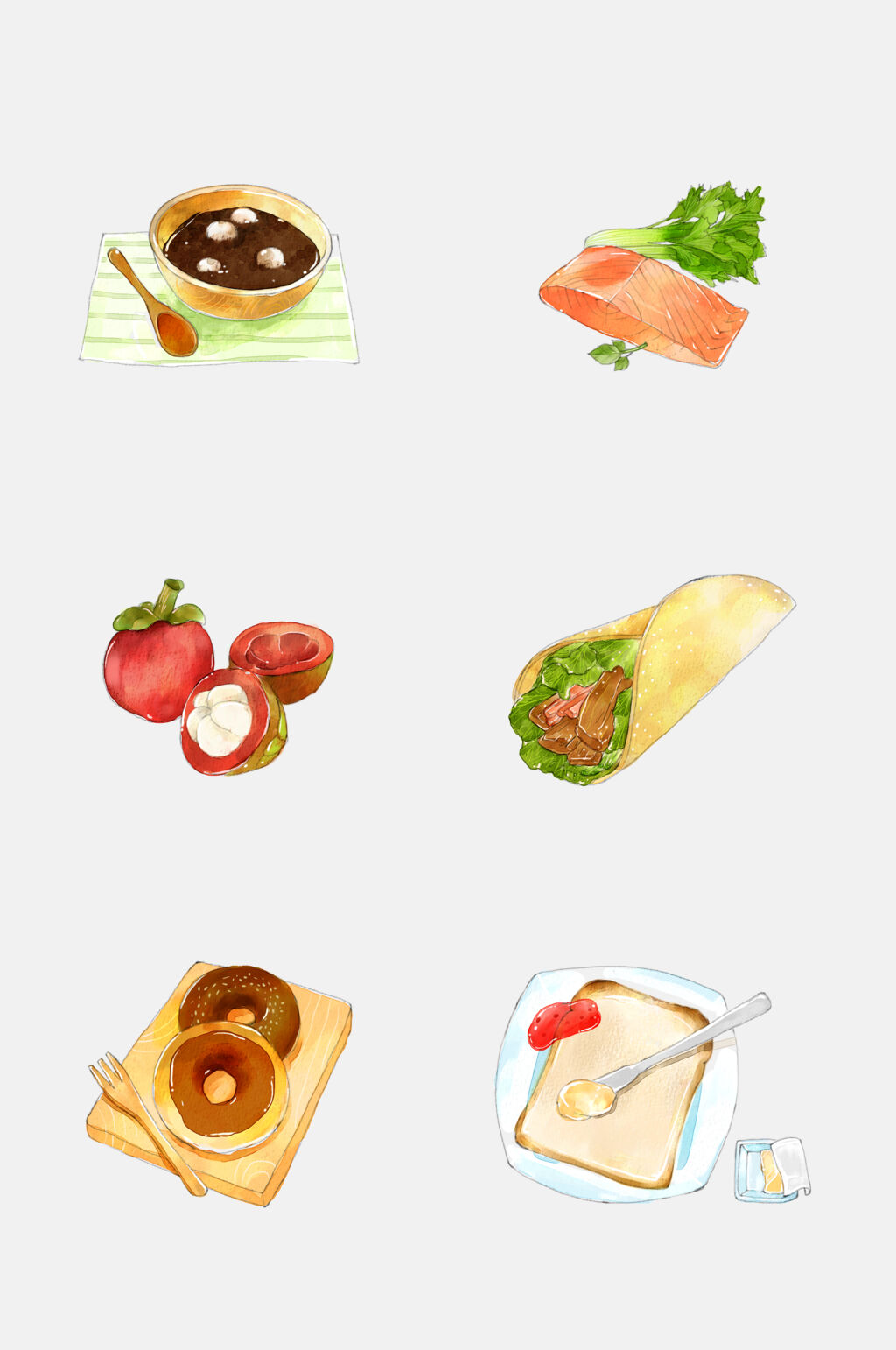甜甜圈山竹手绘美食小吃插画免抠素材素材