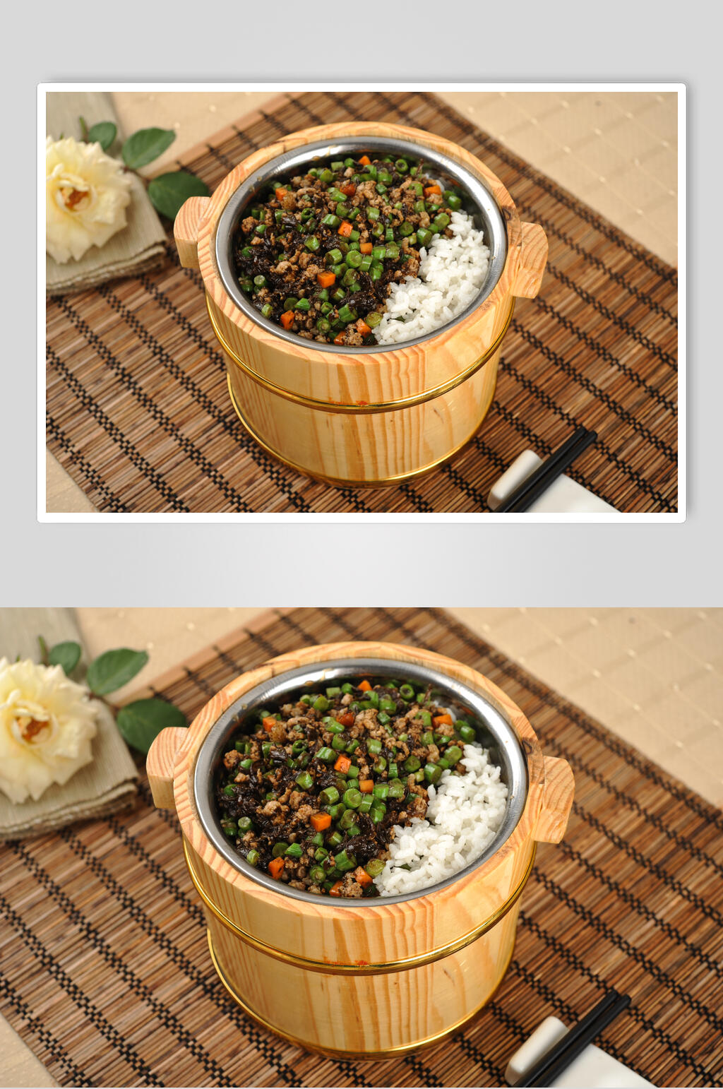 时尚榄菜豆角木桶饭摄影图片素材