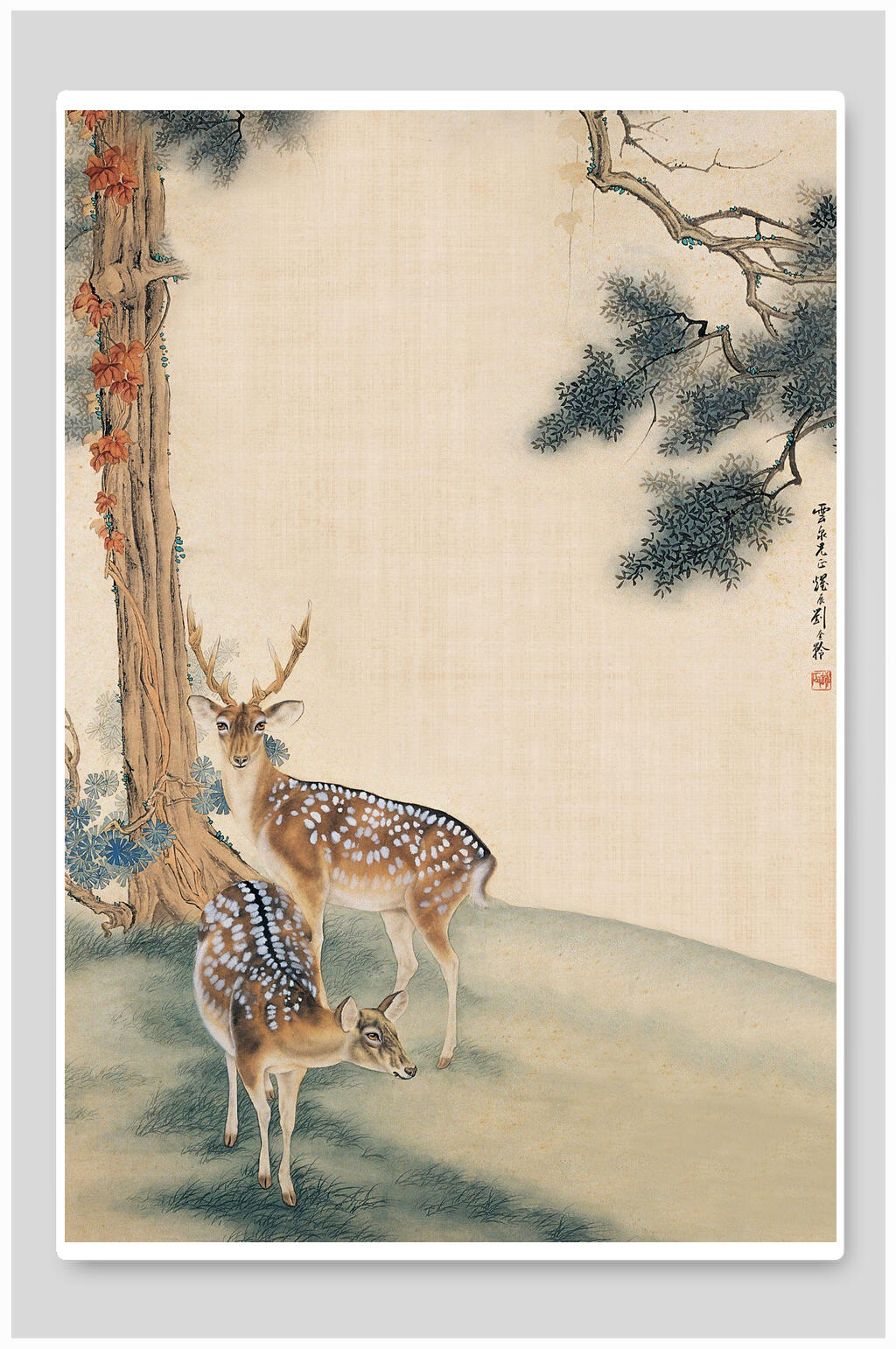 中国风工笔画梅花鹿背景素材