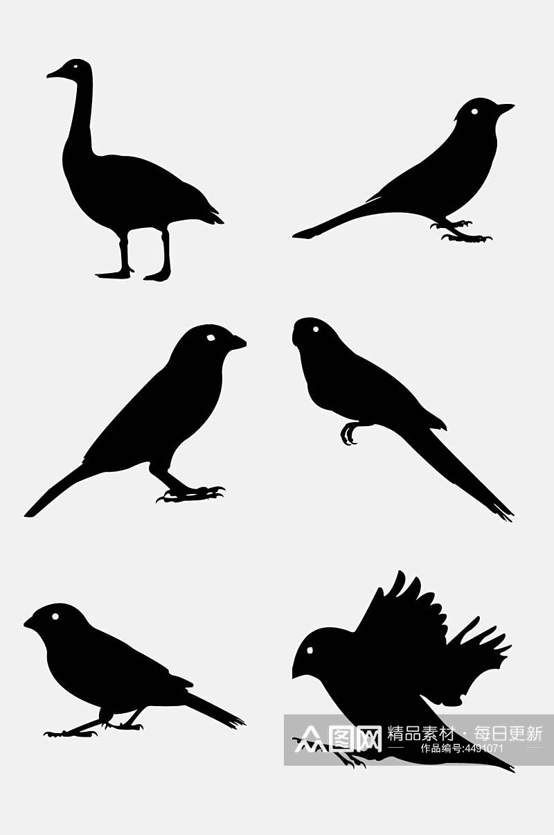 小鸟鸭子黑色手绘动物剪影免抠素材素材