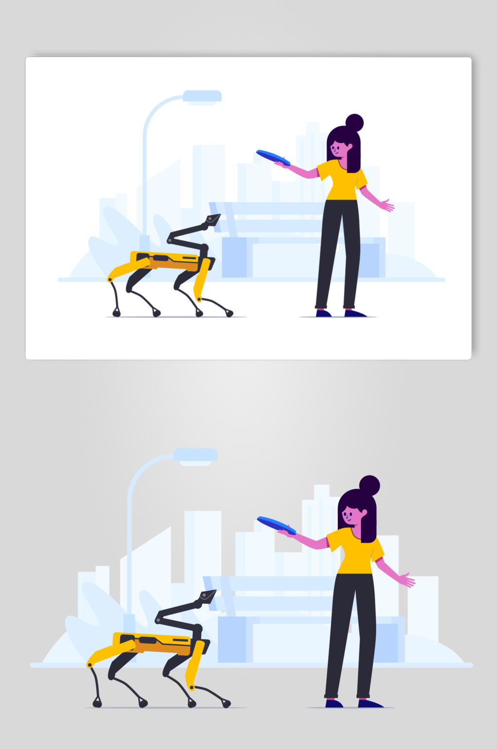 机械蓝黄少女手绘扁平场景插画素材素材